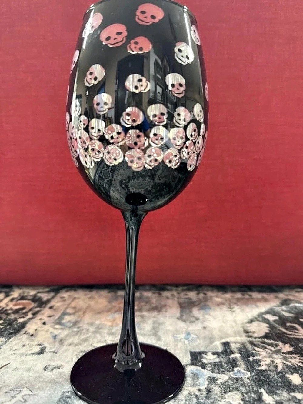 Skull Print Stemmed Wine Glass in Black & Pink
